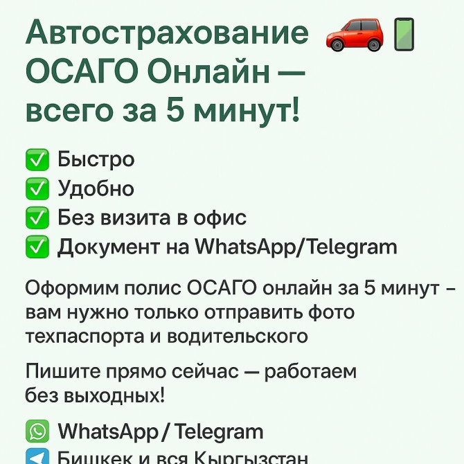 ОСАГО онлайн за 5 минут! ???????? ???? Без очередей и поездок — оформим полис Бишкек - изображение 1