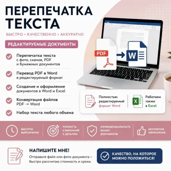 Перепечатка текста | PDF в Word | Редактируемые документы | Word, Excel Быстро и качественно выполню Бишкек