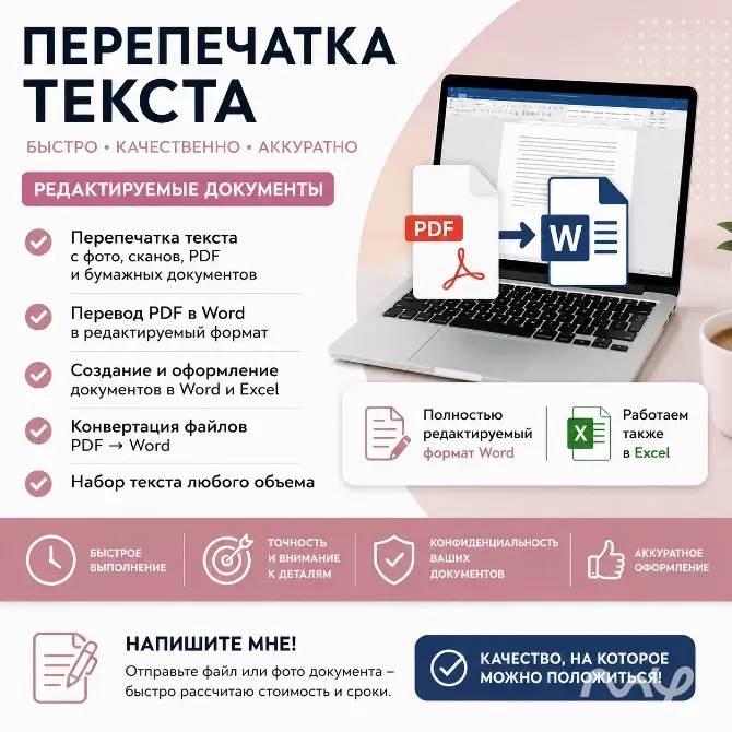 Перепечатка текста | PDF в Word | Редактируемые документы | Word, Excel Быстро и качественно выполню Бишкек - изображение 1