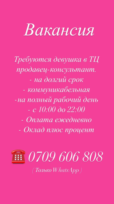 Требуется Продавец-консультант в Магазин детских товаров, График: Шестидневка, % от продаж, Полный рабочий день Бишкек - изображение 1