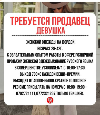 Требуется Продавец-консультант в Магазин одежды, График: Шестидневка, % от продаж, Полный рабочий день Бишкек - изображение 1