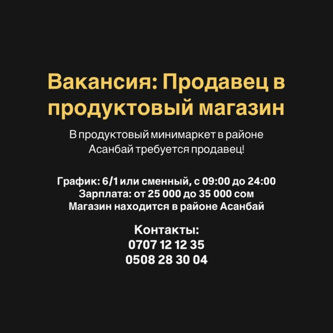 Требуется Продавец-консультант в Продуктовый магазин, График: Шестидневка, Питание, Полный рабочий день Bishkek - photo 1