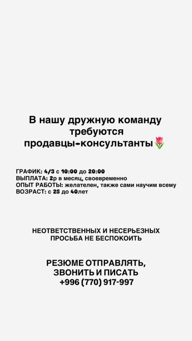 Резюме отправляйте на номер
+ Bishkek - photo 1