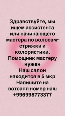Здравствуйте, мы ищем ассистента или начинающего мастера по волосам- Бишкек - изображение 1
